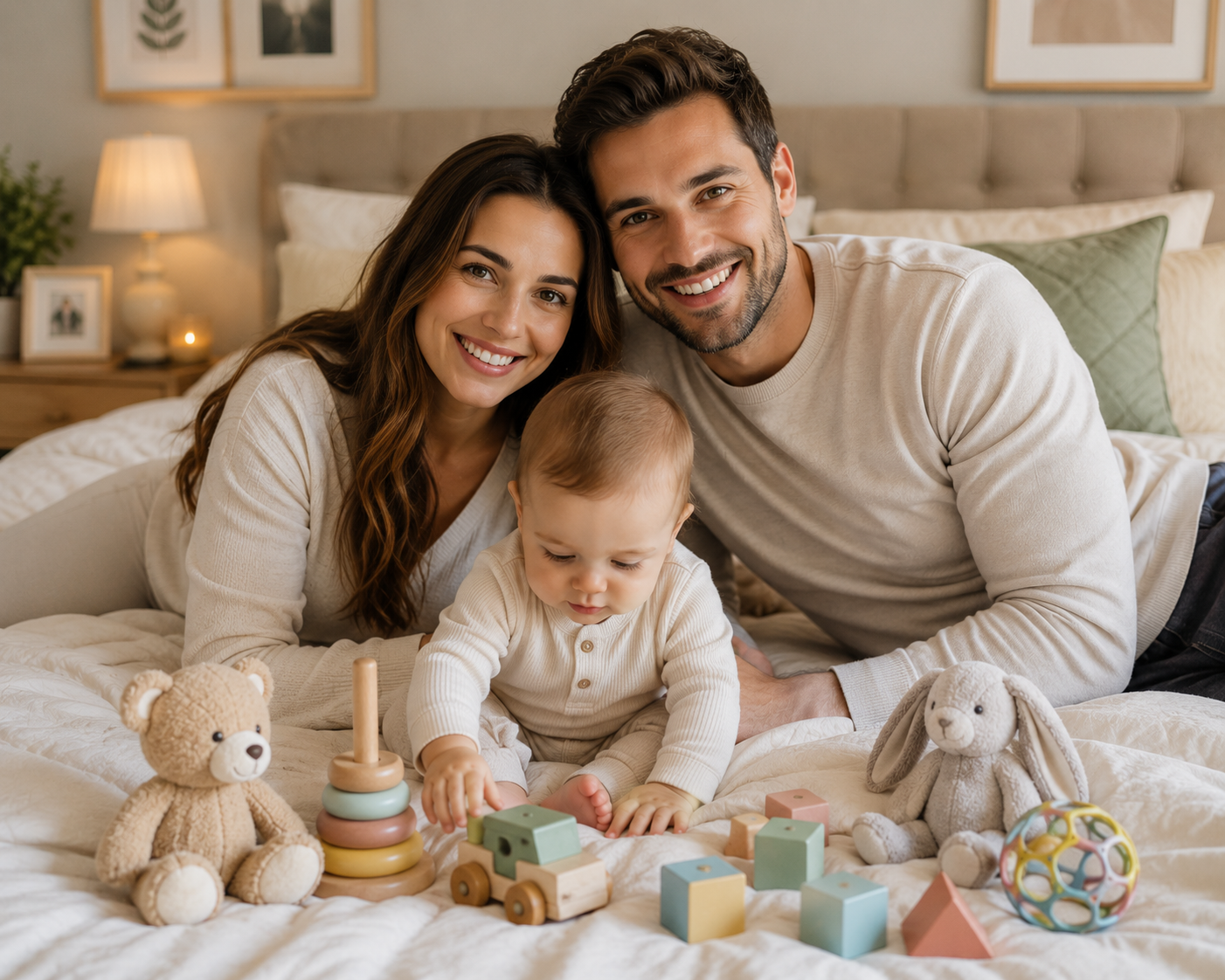 Parents smiling and cradling their newborn baby on a sofa