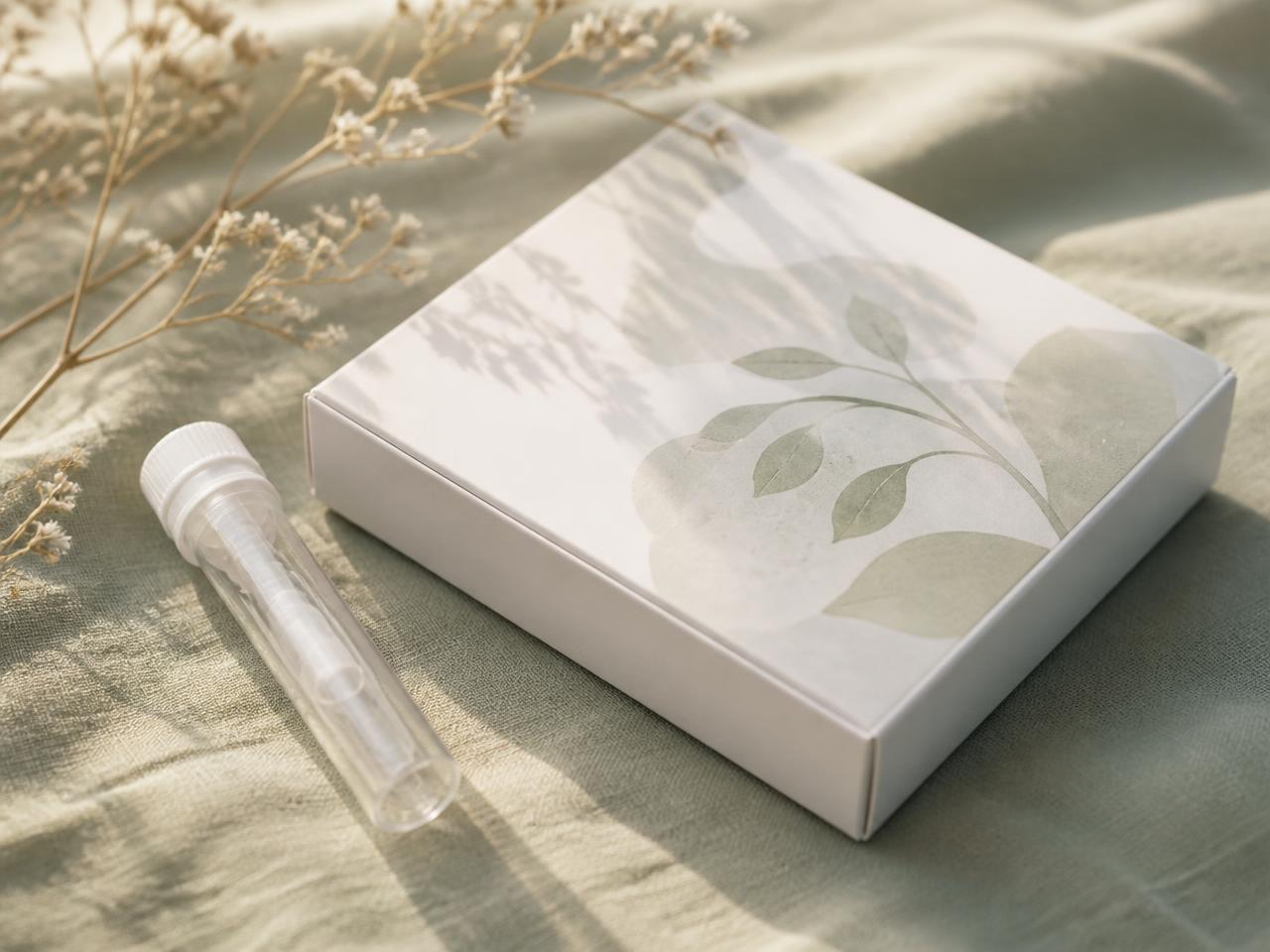 An at-home DNA ancestry kit box and collection tube resting on soft sage linen